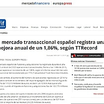 El mercado transaccional espaol registra una mejora anual de un 1,86%, segn TTRecord